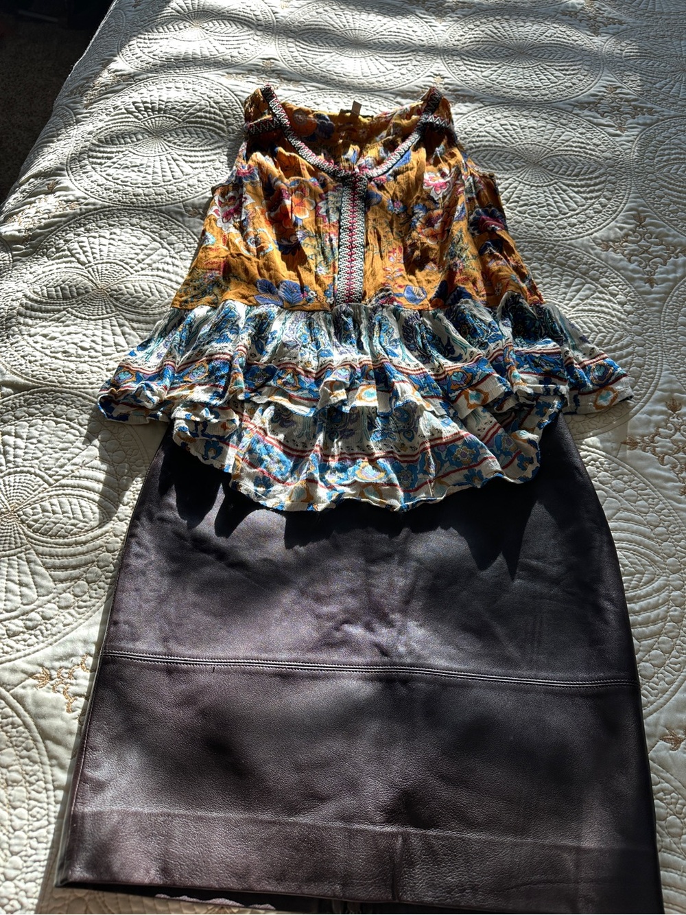 Patrons of Peace Mustard Floral Ruffle Tank and calf leather lined skirt
